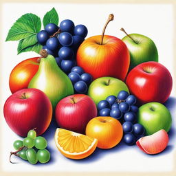 A stunning, high-quality coloured pencil drawing showcasing a variety of fruits