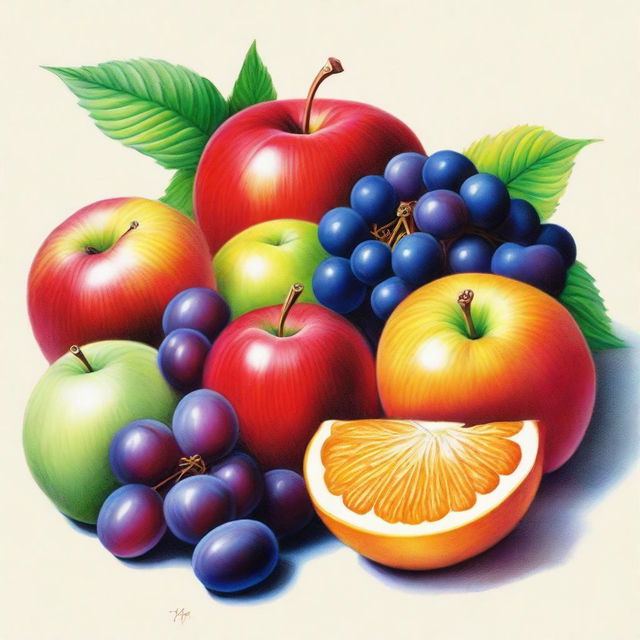 A stunning, high-quality coloured pencil drawing showcasing a variety of fruits