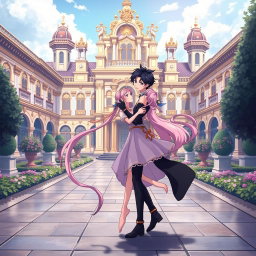 In a romantic scene set in the courtyard of a majestic palace, an anime-style boy with black hair and blue eyes dances gracefully with a girl who has lovely pink hair and enchanting violet eyes