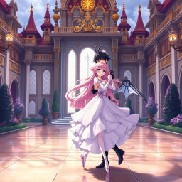 In a romantic scene set in the courtyard of a majestic palace, an anime-style boy with black hair and blue eyes dances gracefully with a girl who has lovely pink hair and enchanting violet eyes