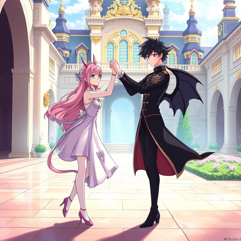 In a romantic scene set in the courtyard of a majestic palace, an anime-style boy with black hair and blue eyes dances gracefully with a girl who has lovely pink hair and enchanting violet eyes