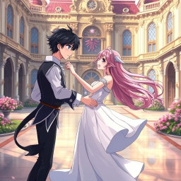 In a romantic scene set in the courtyard of a majestic palace, an anime-style boy with black hair and blue eyes dances gracefully with a girl who has lovely pink hair and enchanting violet eyes