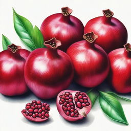 This is a high-quality coloured pencil drawing featuring a cluster of pomegranates