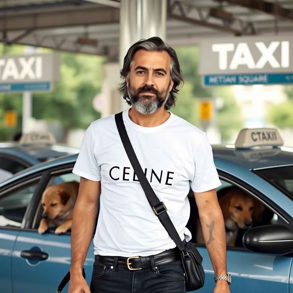 A 35-year-old Iranian man standing in a taxi square, with medium-length, slightly white beard, wearing a white Celine t-shirt, black denim jeans, and carrying a black crossbody bag