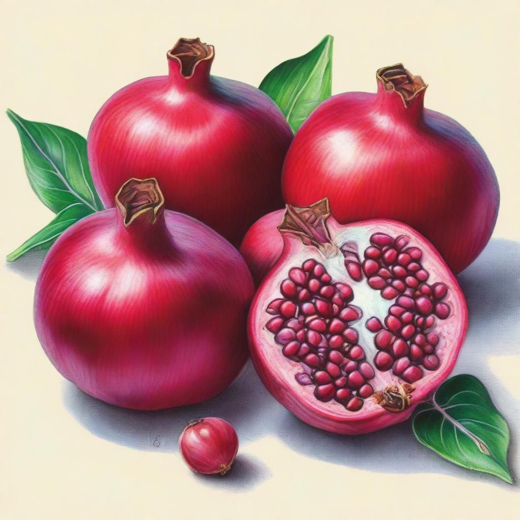 This is a high-quality coloured pencil drawing featuring a cluster of pomegranates