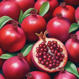 This is a high-quality coloured pencil drawing featuring a cluster of pomegranates