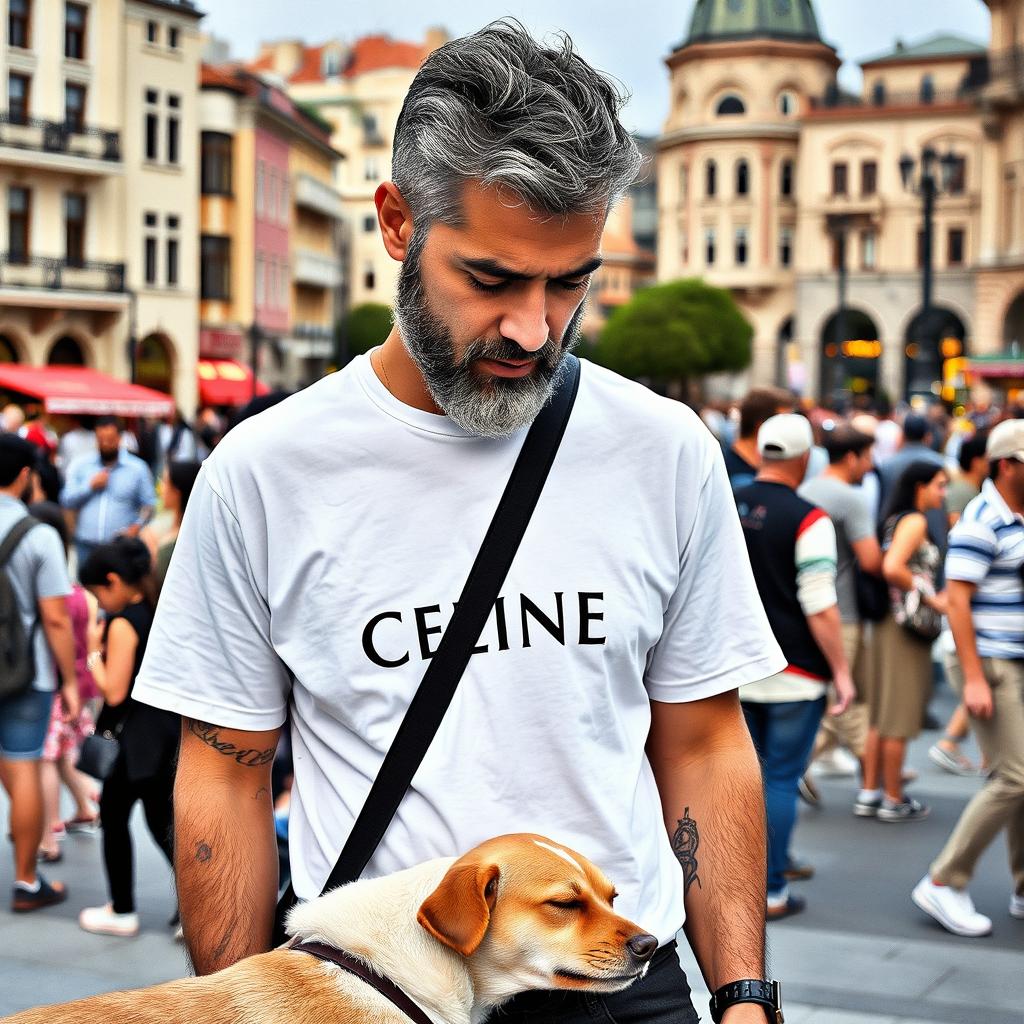 A 35-year-old Iranian man with medium, slightly gray beard wearing a white Celine t-shirt and black jeans, holding a black crossbody bag