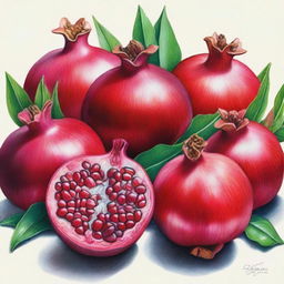 This is a high-quality coloured pencil drawing featuring a cluster of pomegranates