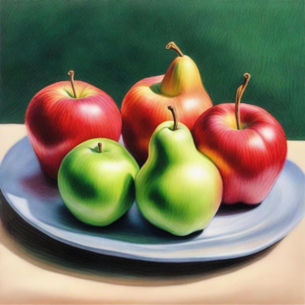 A high-quality coloured pencil drawing that features a vibrant display of apples and pears