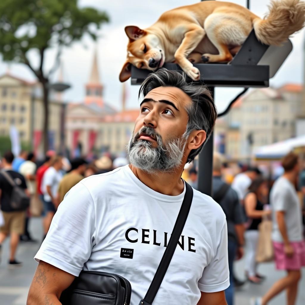 A 35-year-old Iranian man with medium-length, slightly white beard, wearing a white Celine t-shirt and black jeans, carrying a black crossbody bag