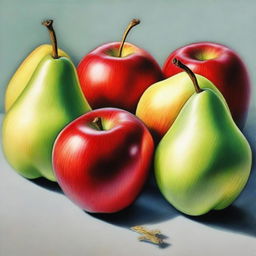 A high-quality coloured pencil drawing that features a vibrant display of apples and pears