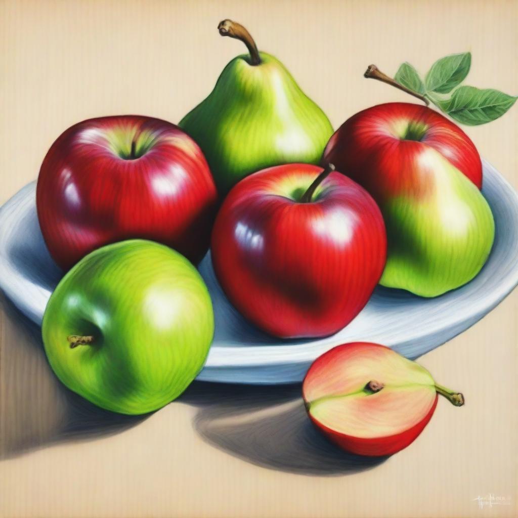 A high-quality coloured pencil drawing that features a vibrant display of apples and pears