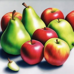 A high-quality coloured pencil drawing that features a vibrant display of apples and pears