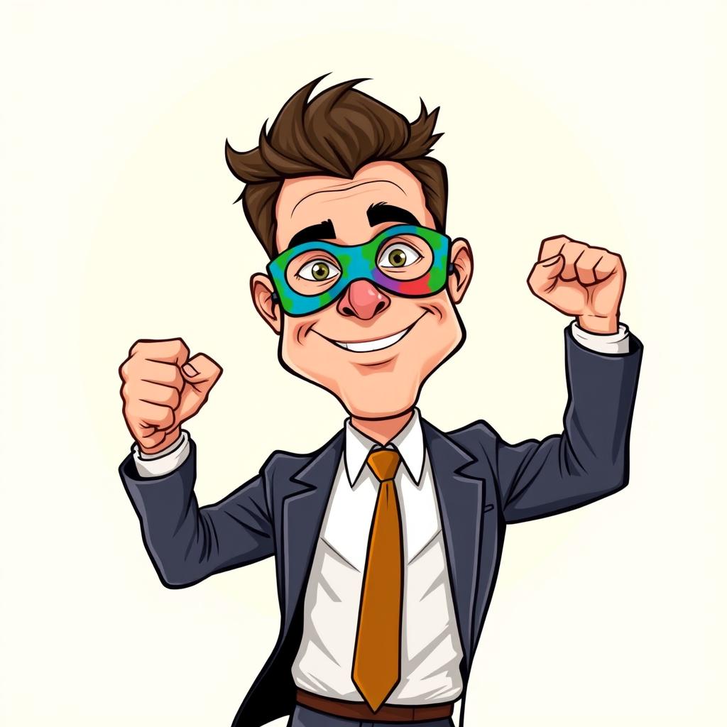 A cartoon-style caricature of a man in a formal suit, wearing a colorful superhero mask