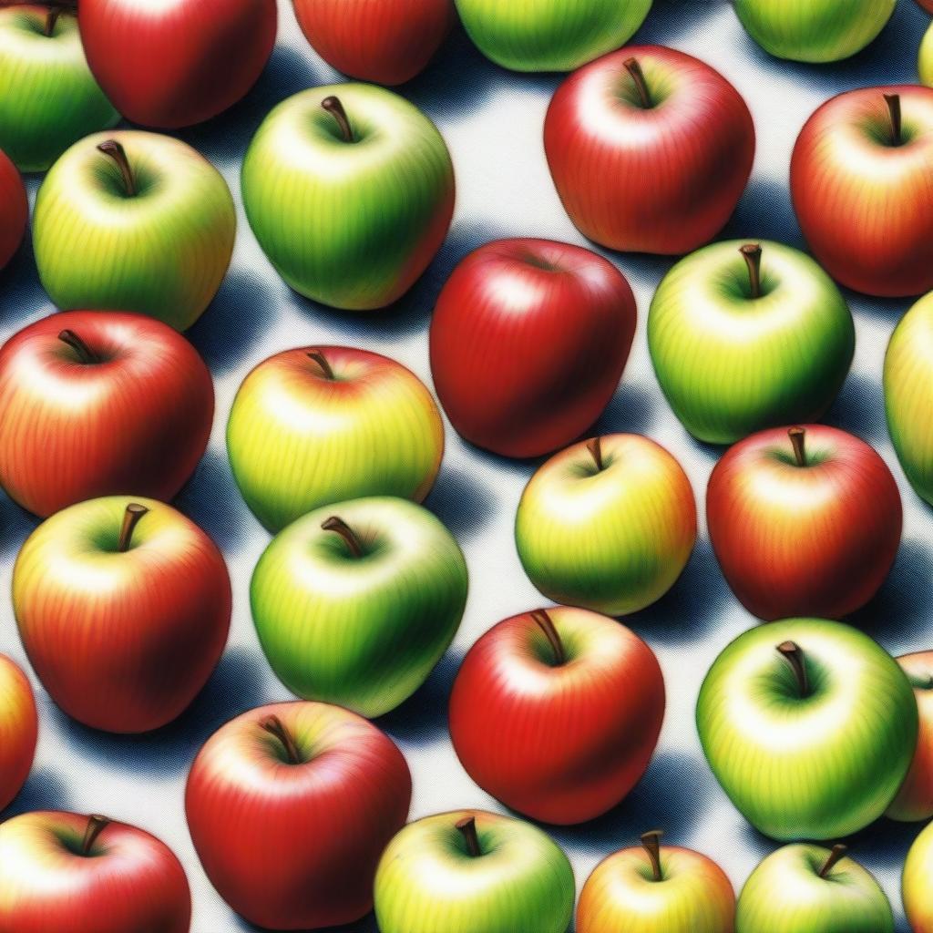 This is a vibrant, high-quality coloured pencil drawing of apples