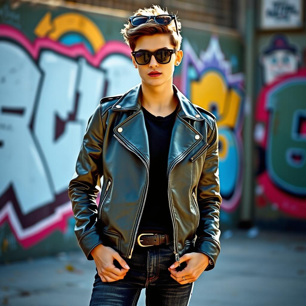 A stylish person with an effortlessly cool demeanor, wearing a sleek leather jacket, fitted jeans, and trendy sneakers