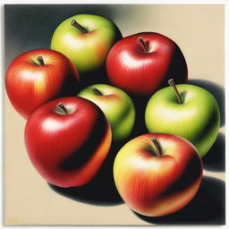 This is a vibrant, high-quality coloured pencil drawing of apples