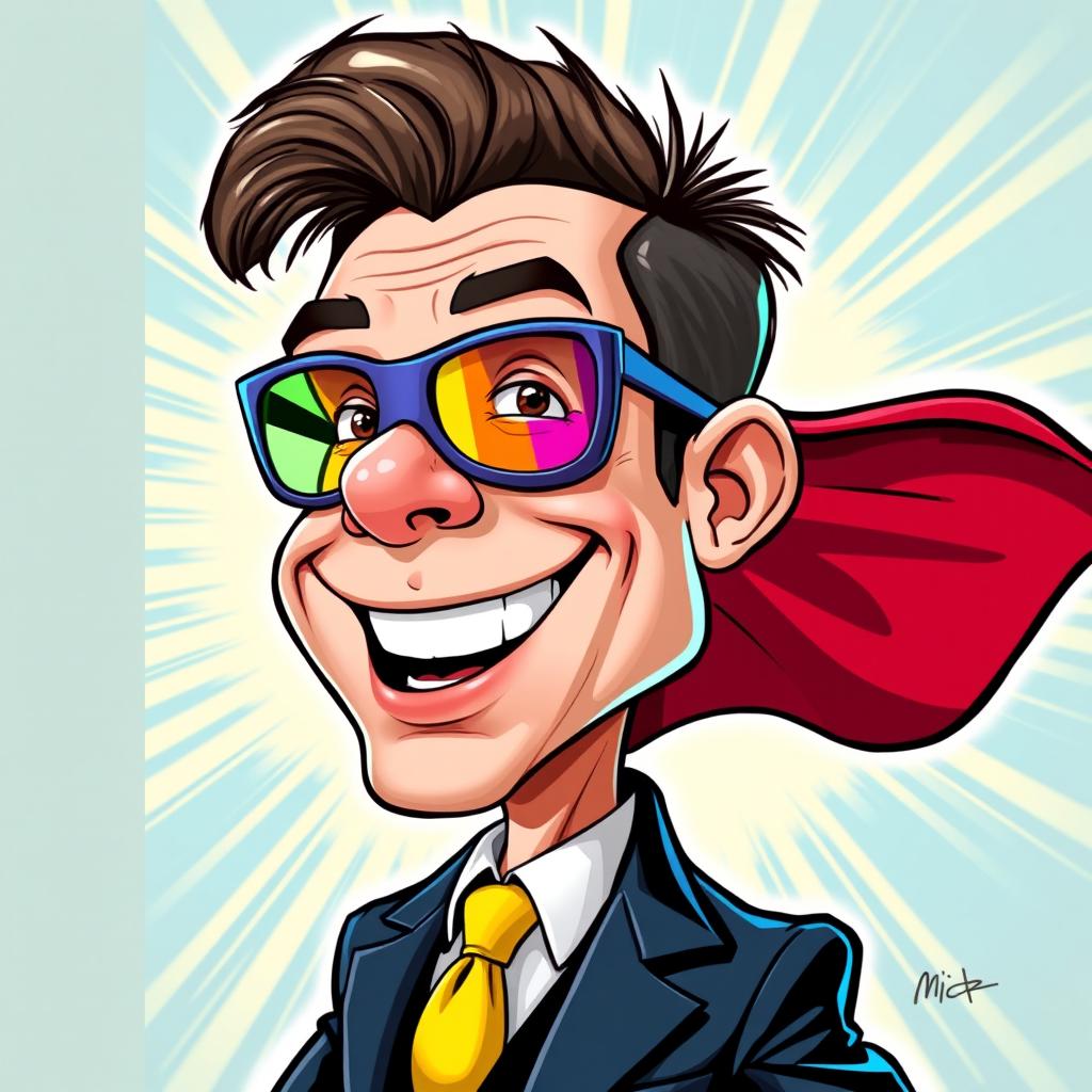 A humorous caricature of a man in a stylish suit wearing a colorful superhero mask