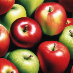 This is a vibrant, high-quality coloured pencil drawing of apples