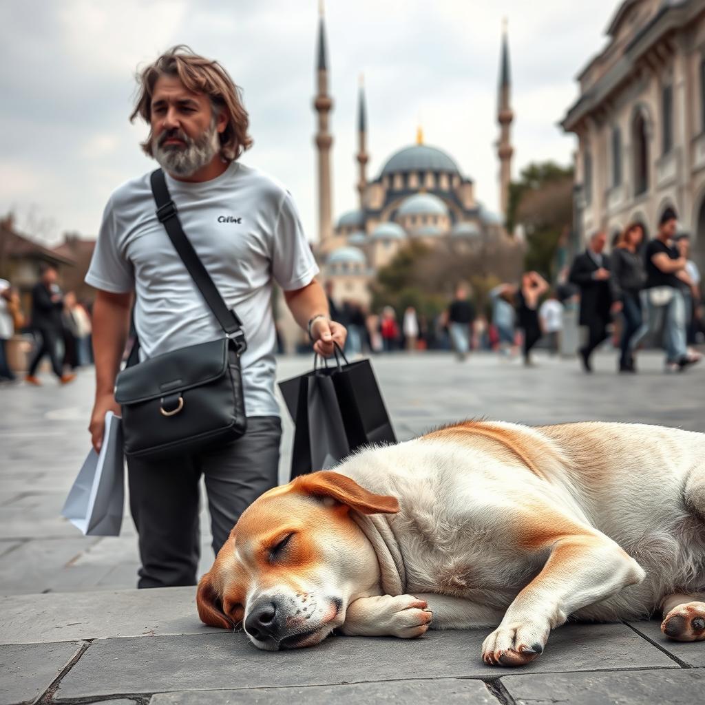 A scene in Taksim Square, Turkey, featuring a sleeping dog lying on the ground