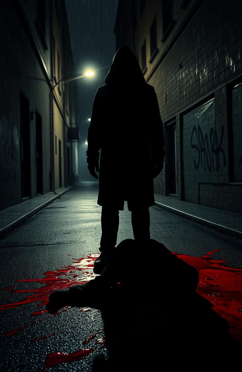 A dramatic scene depicting a dark alley illuminated by the dim light of a flickering street lamp, where a silhouette of a person stands over another figure on the ground
