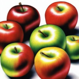 This is a vibrant, high-quality coloured pencil drawing of apples