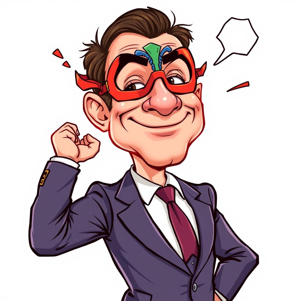 A humorous caricature of a man wearing a traditional suit and a superhero mask, depicted in a vibrant cartoon style