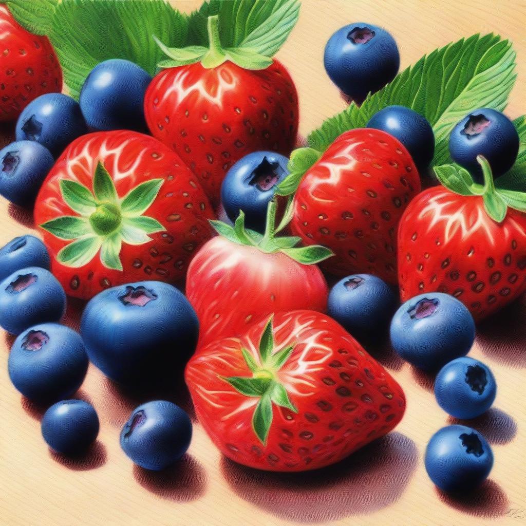 This is an exquisite coloured pencil drawing of strawberries and blueberries