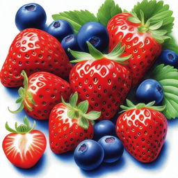 This is an exquisite coloured pencil drawing of strawberries and blueberries