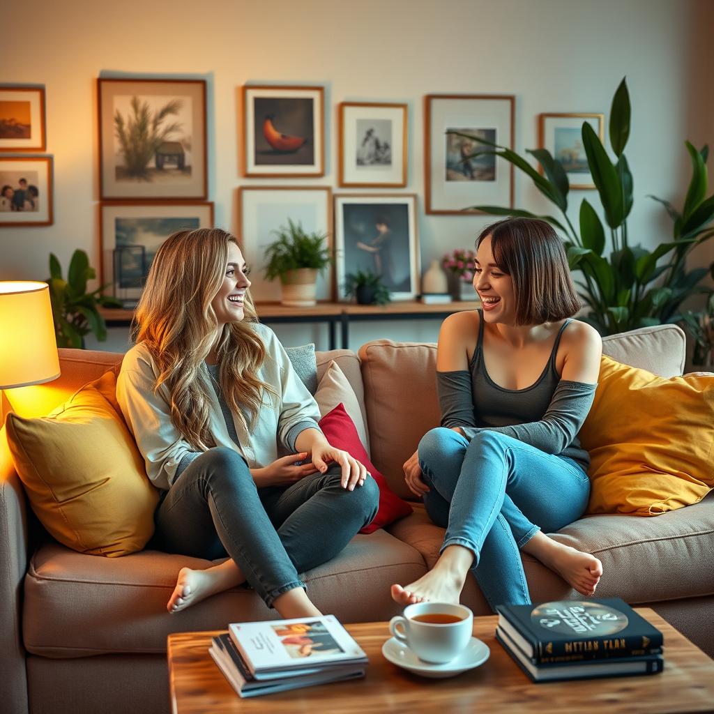 A cozy living room scene featuring two beautiful women sitting on a soft, inviting sofa