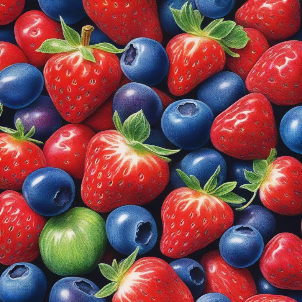 This is an exquisite coloured pencil drawing of strawberries and blueberries