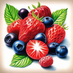 This is a vibrant, high-quality coloured pencil drawing that features a variety of berries