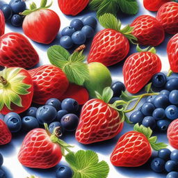 This is a vibrant, high-quality coloured pencil drawing that features a variety of berries