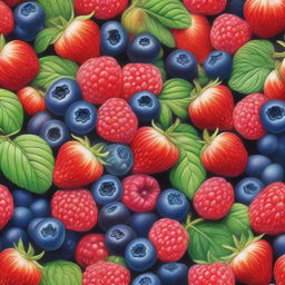 This is a vibrant, high-quality coloured pencil drawing that features a variety of berries