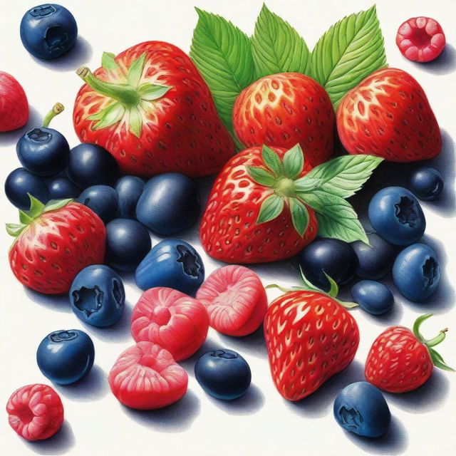 This is a vibrant, high-quality coloured pencil drawing that features a variety of berries