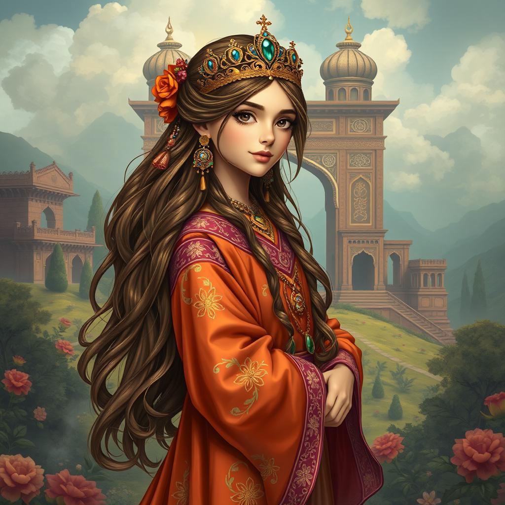 A beautiful girl inspired by Persian mythology, dressed in vibrant traditional clothing reminiscent of the Shahname epic