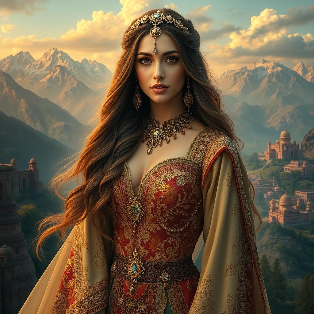 A majestic woman inspired by the Shahname epic, wearing a beautifully ornate traditional Persian gown with intricate gold embroidery and rich colors