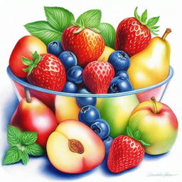 This is a beautifully detailed coloured pencil drawing of a fruit salad