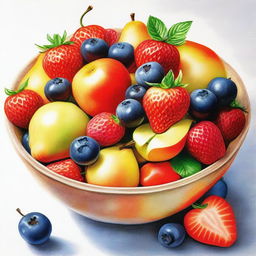 This is a beautifully detailed coloured pencil drawing of a fruit salad