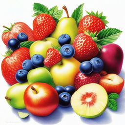 This is a beautifully detailed coloured pencil drawing of a fruit salad