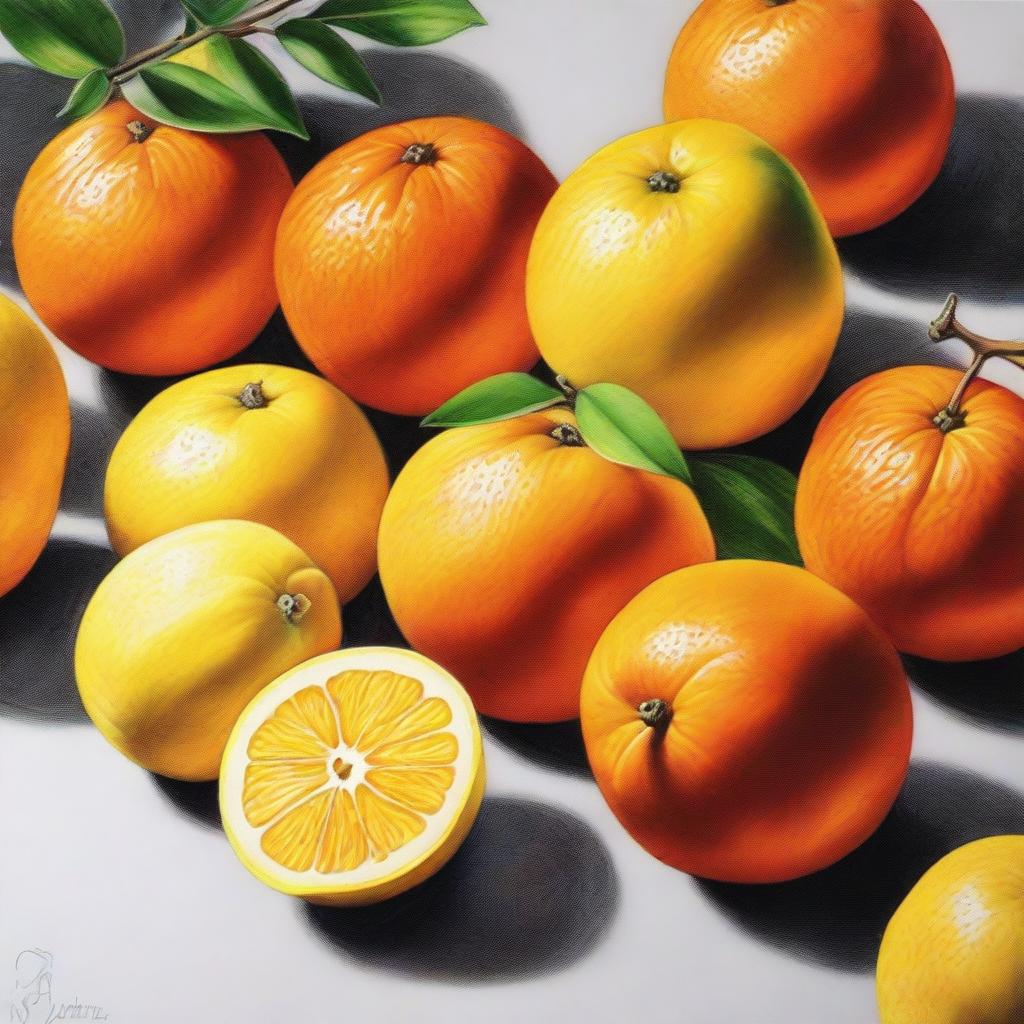 This is a vibrant, high-quality coloured pencil drawing of oranges and lemons