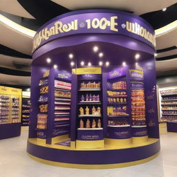 An elegantly adorned Cadbury chocolate stand at a supermarket with Ramadan-inspired motifs. This curvy, Islamic-shaped stand showcases shelves of delectable treats bathed in warm light and adorned with Ramadan lanterns, setting up a festive atmosphere.