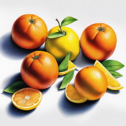 This is a vibrant, high-quality coloured pencil drawing of oranges and lemons