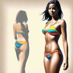 A digital art image of a young woman in a stylish bikini