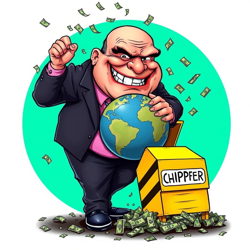 A caricature depicting a greedy businessman destroying the Earth for profit in a cartoon drawing with a bold, exaggerated style