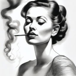 A black and white pencil sketch of a woman in the act of smoking