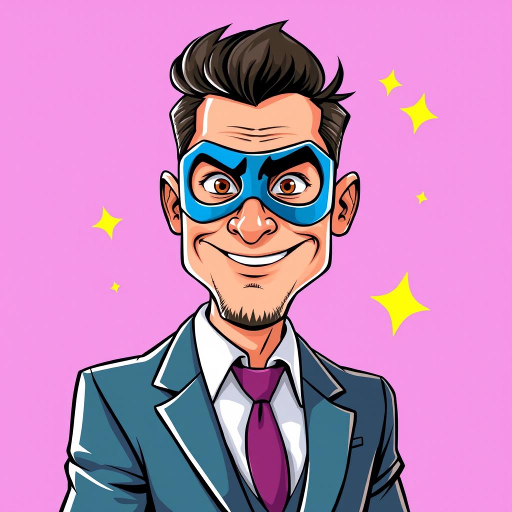 A caricature of a man in a stylish suit wearing a superhero mask, displaying a humorous expression