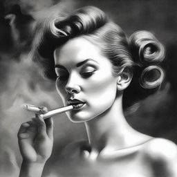 A black and white pencil sketch of a woman in the act of smoking