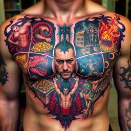 A chest tattoo inspired by Dante's Inferno, divided into seven sections, each representing a deadly sin