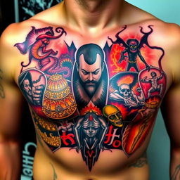 A chest tattoo inspired by Dante's Inferno, divided into seven sections, each representing a deadly sin
